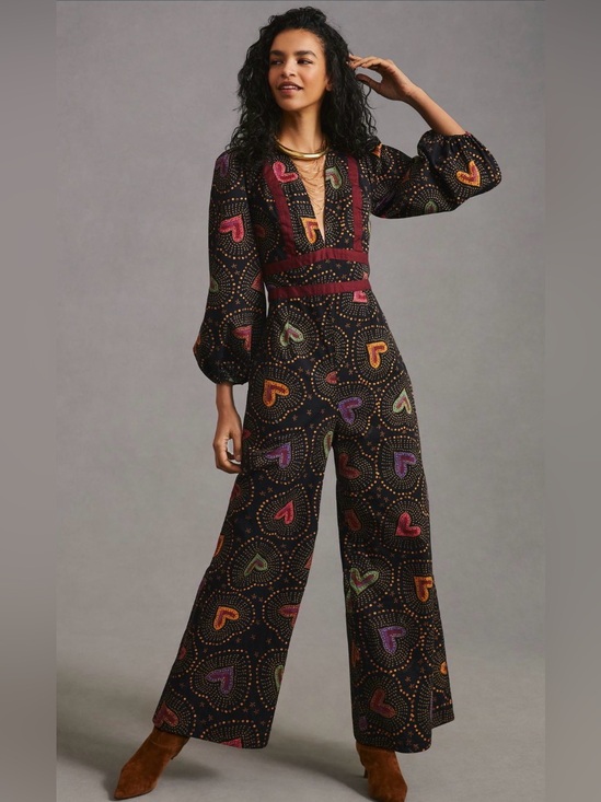 FARM Rio Pants - Farm Rio Anthropologie Black Jumpsuit Multicolor Heart Print and Burgundy Trim